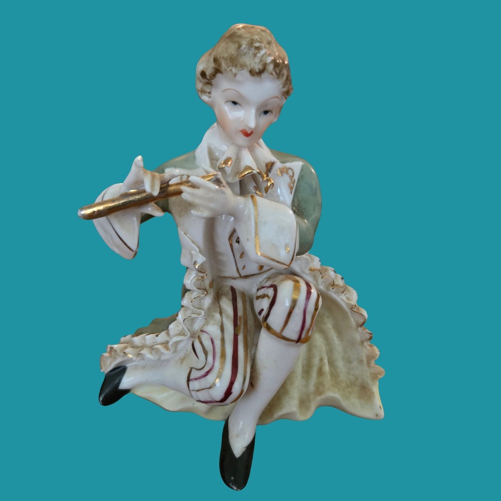 Vtg Thames Porcelain Handpainted Flute Player Figurine Sage Gold Gilt Rococo